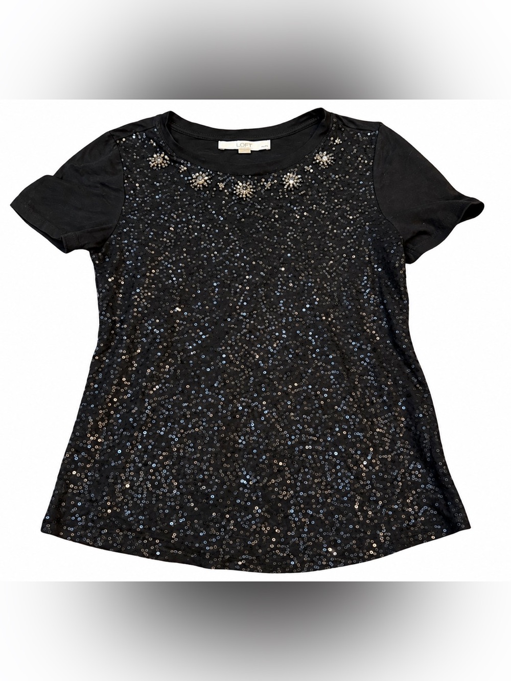 LOFT Black Sequin Short Sleeve Tee with Beaded Neckline